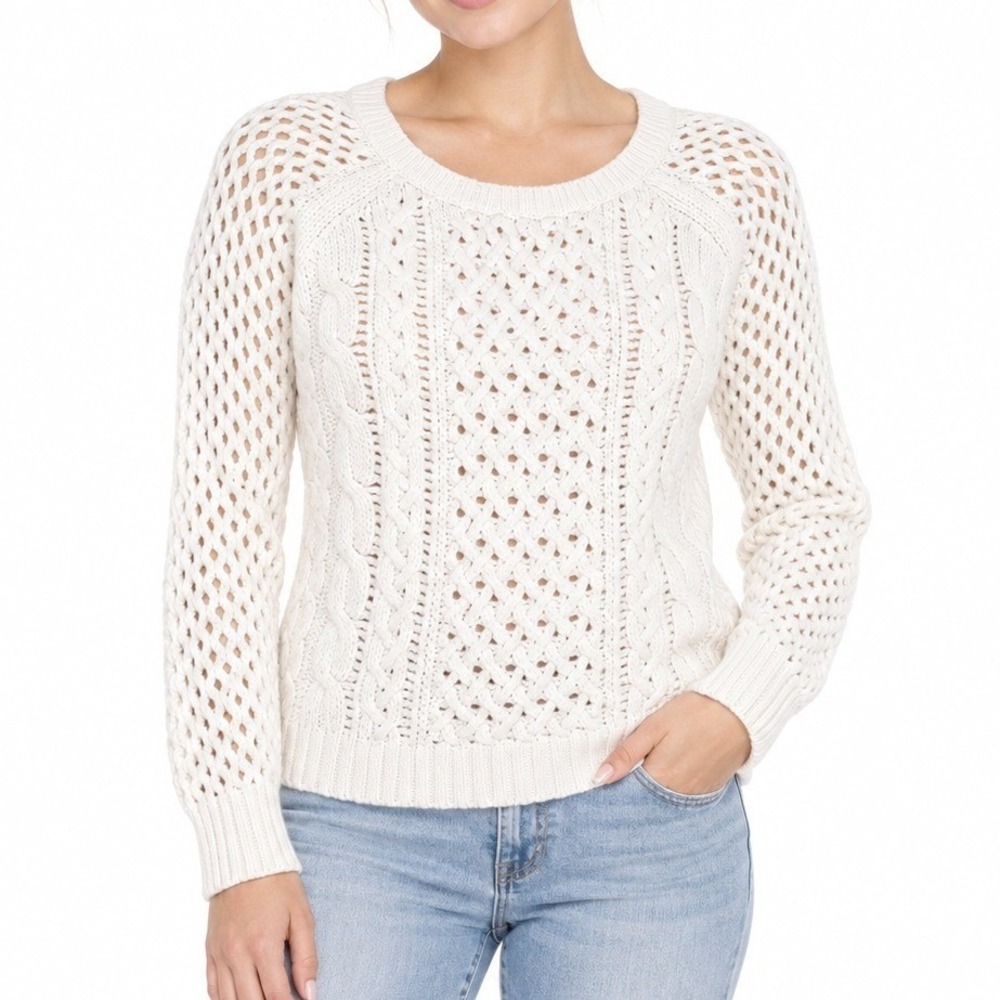 American Eagle Sweater Women M Cream Cable Knit Crochet Boho Pullover Top